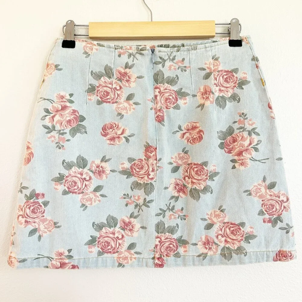 NWT Cider Skirt M Blue Denim Mini Pink Floral Roses Feminine Cottagecore